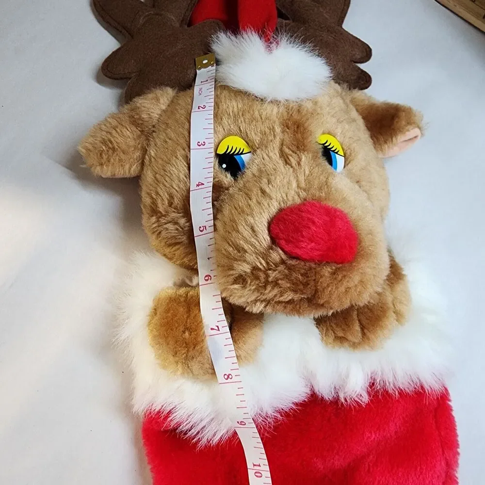 Vintage Reindeer Christmas Stocking 3D Santa Hat Flat Eyes Fukei Industries 80s